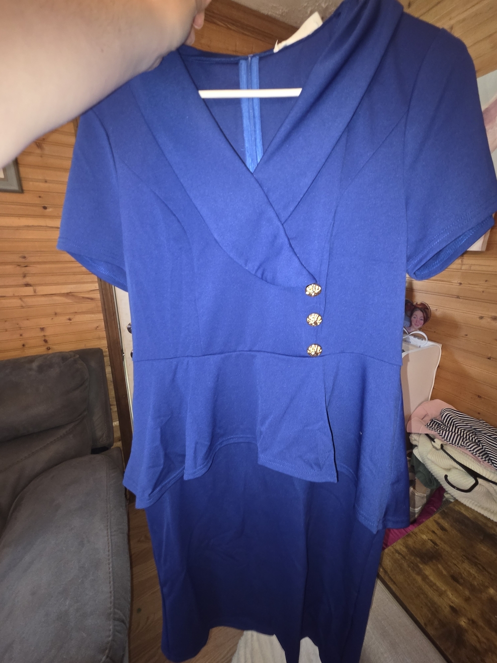 Grace Karin Royal Blue Peplum Midi Dress with Gold Buttons